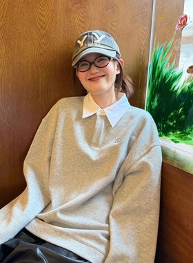 PFR AND白色翻领撞灰色长袖polo衫男女春秋宽松短款套头落肩卫衣