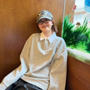 PFR AND白色翻领撞灰色长袖polo衫男女春秋宽松短款套头落肩卫衣