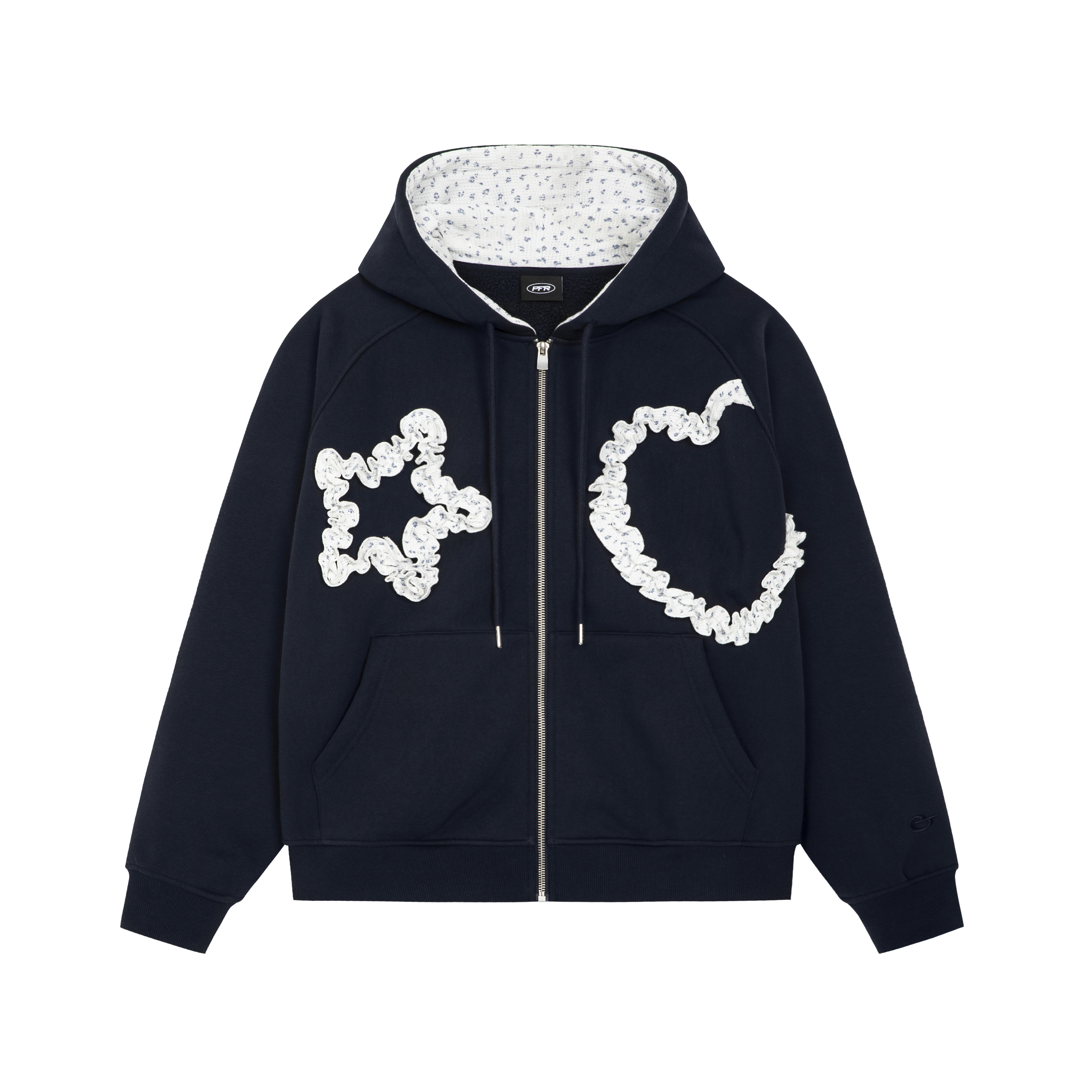 PFR AND碎花褶皱花边星心连帽卫衣 宽松加绒拉链外套百搭带帽开衫