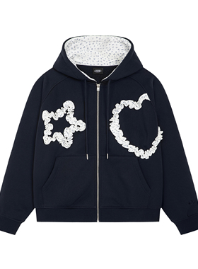 PFR AND碎花褶皱花边星心连帽卫衣 宽松加绒拉链外套百搭带帽开衫