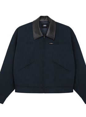 PFR AND黑色皮翻领工装外套秋冬深蓝色落肩休闲宽松短款男女夹克