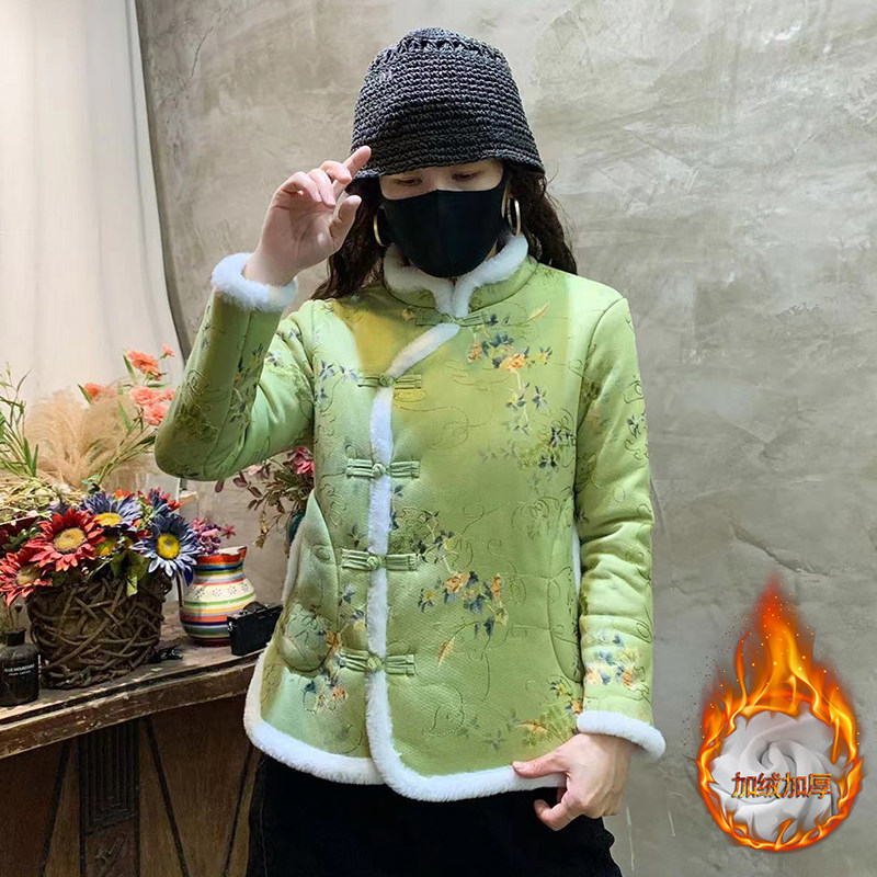 鹿皮绒民族风保暖棉衣女外套冬季休闲盘扣加绒加厚刺绣棉袄妈妈装
