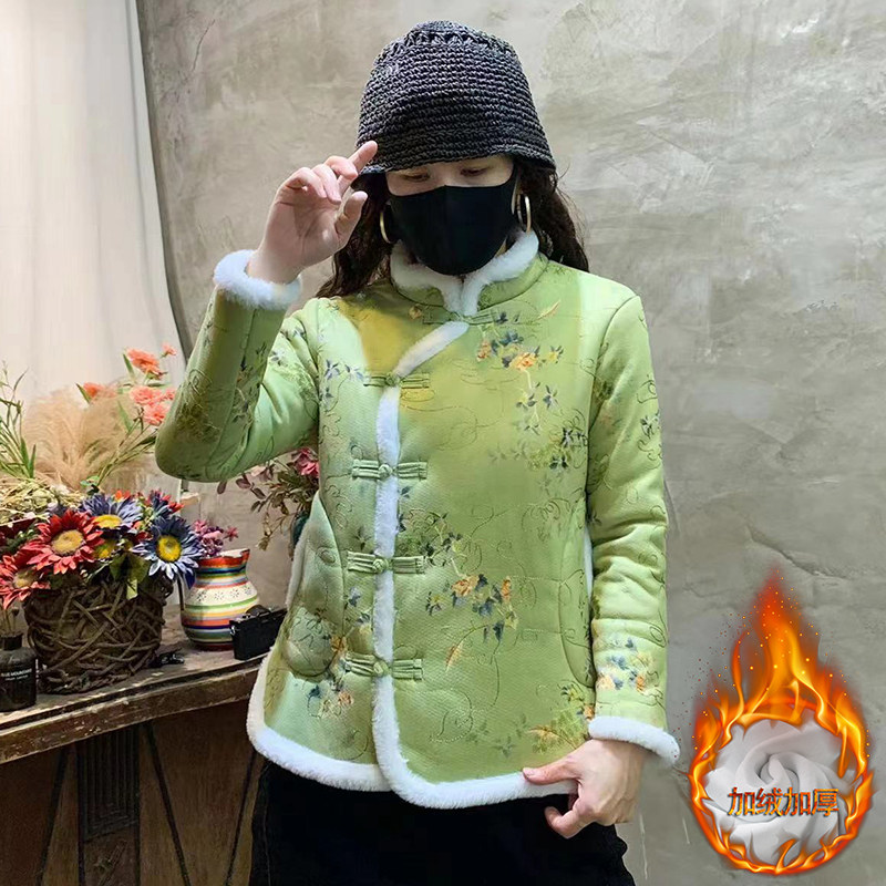 加绒棉衣女装民族文艺风小棉袄冬季加厚中国风碎花立领盘扣女外套