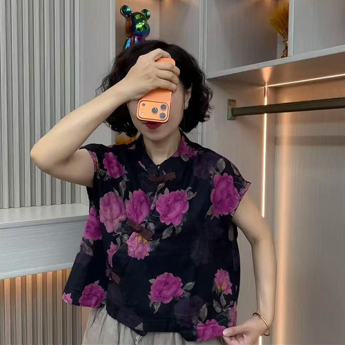 新中式印花立领盘扣马甲女夏季百搭宽松遮肉100%棉马夹坎肩外套