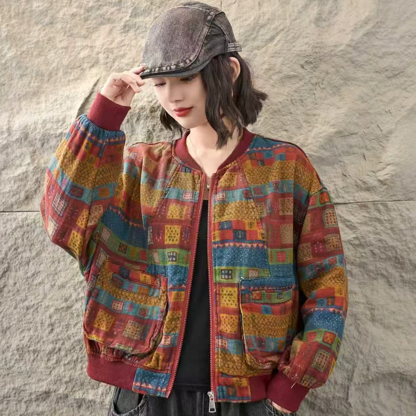 复古印花棒球服女短外套宽松百搭拉链夹克韩系复古穿搭上衣妈妈装