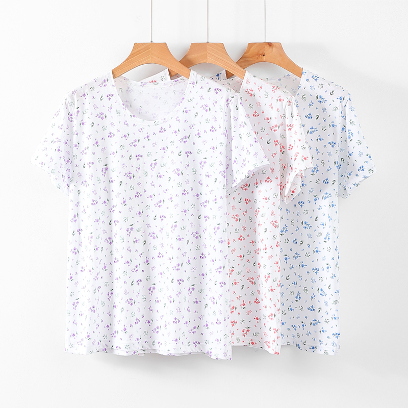 纯棉老人汗衫背心女宽松大码短袖内衣奶奶装全棉妈妈圆领印花背心