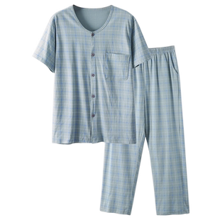 大码睡衣男纯棉短袖长裤套装春夏宽松薄款家居服棉开衫系扣空调服