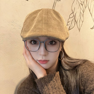 日系复古灯芯绒前进帽子女秋季新款文艺贝雷帽工装鸭舌帽男工体帽