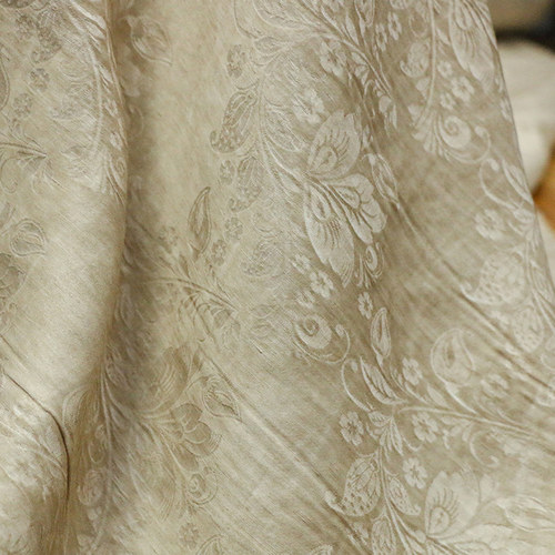 脏杏色 桑蚕丝棉麻混纺真丝提花面料 手工脏染工艺 国风西服布料