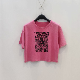 欧美风外贸女装~夏季纯棉短款印花T恤高腰款休闲宽松全棉短袖上衣