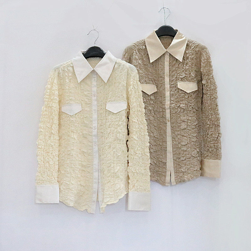 尾货 褶皱料高弹修身中长款时髦衬衣女棉弹弧形下摆系扣长袖衬衫