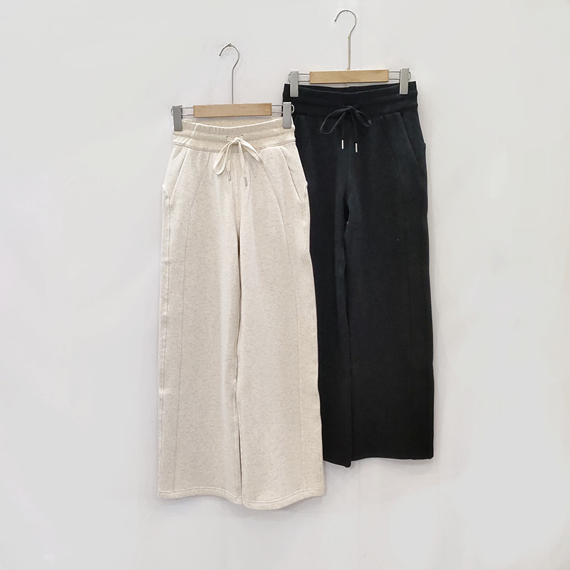 欧美外贸Lu~加绒偏厚直筒裤阔腿裤女秋冬松紧腰高腰休闲裤九分裤