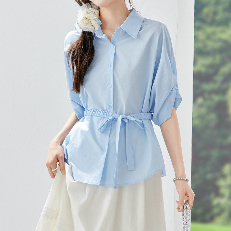 休闲风翻领蝙蝠短袖衬衫女夏季2026新款宽松收腰绑带显瘦气质衬衣
