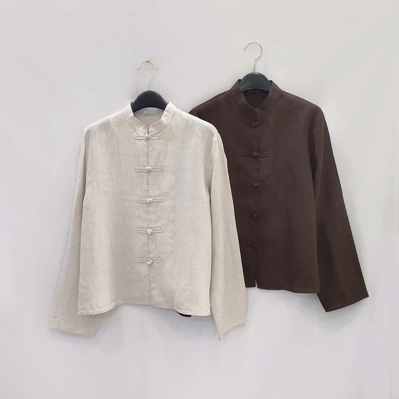 100亚麻衬衫新中式国风复古茶服