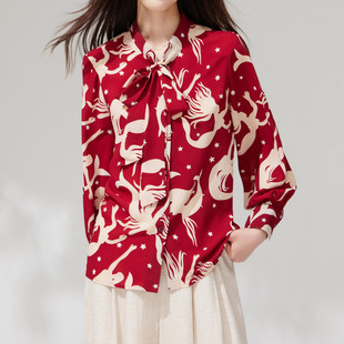 春装衬衫女款2026新款洋气减龄系带蝴蝶结上衣高级感百搭印花衬衣
