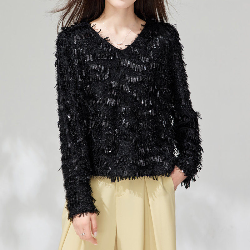 黑色亮片流苏长袖V领T恤女2026春装小个子超好看的高级感气质上衣