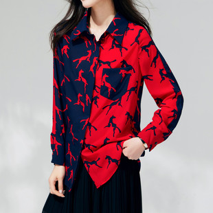 春夏防晒雪纺印花衬衫上衣女高级感轻奢洋气减龄百搭撞色翻领衬衣
