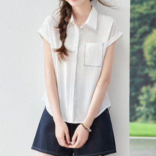 法式高端短袖衬衫女夏季新款莱赛尔亚麻翻领气质高知漂亮小衫上衣