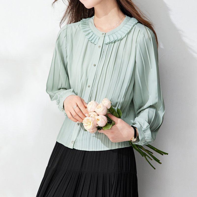 荷叶领衬衫小个子短款上衣女新款春秋季雪纺小衫长袖百褶显瘦衬衣