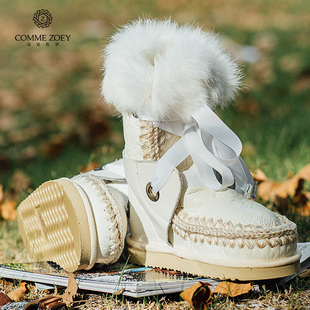 北欧风 女神缎带爱斯基摩24CM羊皮毛一体雪地靴女 冬日恋歌