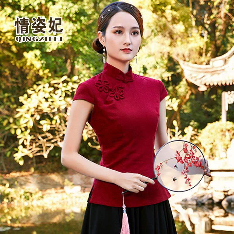 民国女装短袖中式旗袍改良唐装上衣中国风提花复古盘扣茶艺服套装