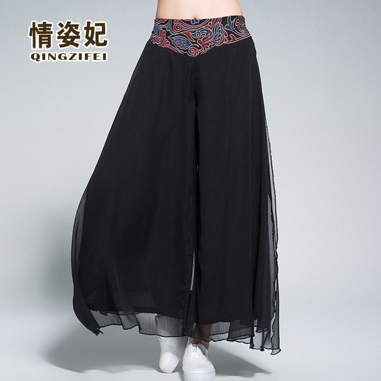 春夏民族风绣花雪纺阔腿裤文艺高腰休闲裤飘逸大脚裤裙女长裤裙裤