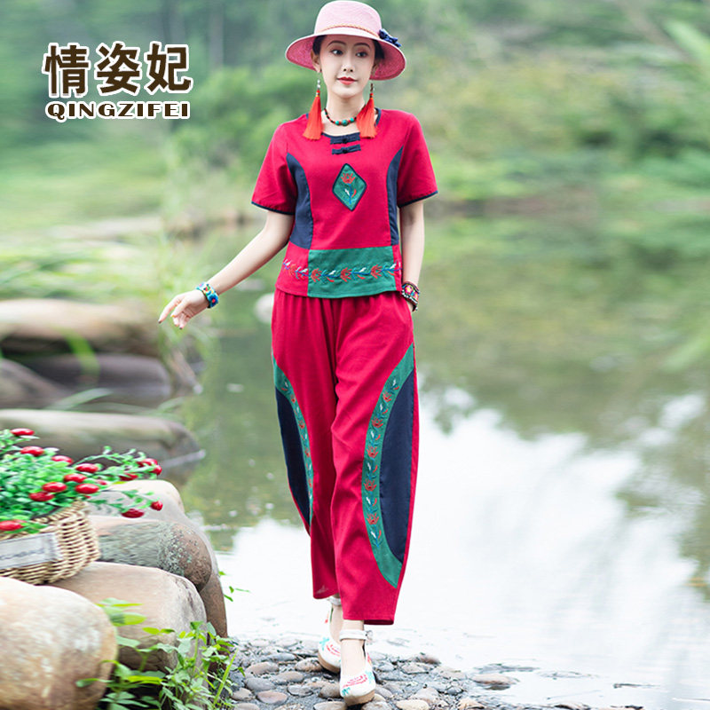 中式唐装套装夏民族风女装棉麻复古拼接刺绣短袖上衣灯笼裤两件套