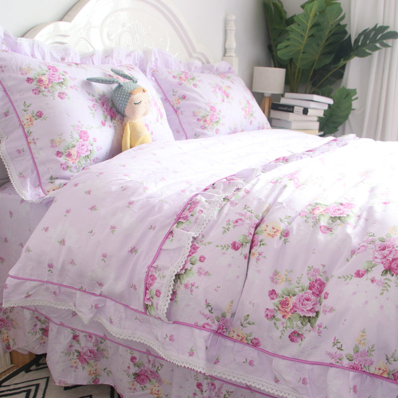 韩版田园小碎花紫色荷叶边被套四件套纯棉全棉花边床单款床上用品