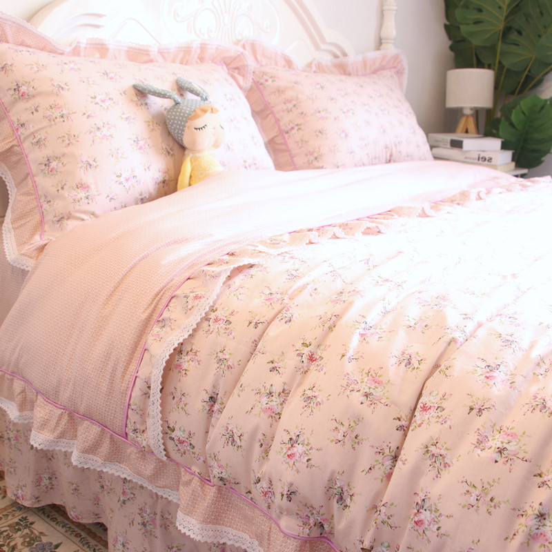 韩版小清新小碎花四件套全棉纯棉荷叶边花边床单被套简约床上用品
