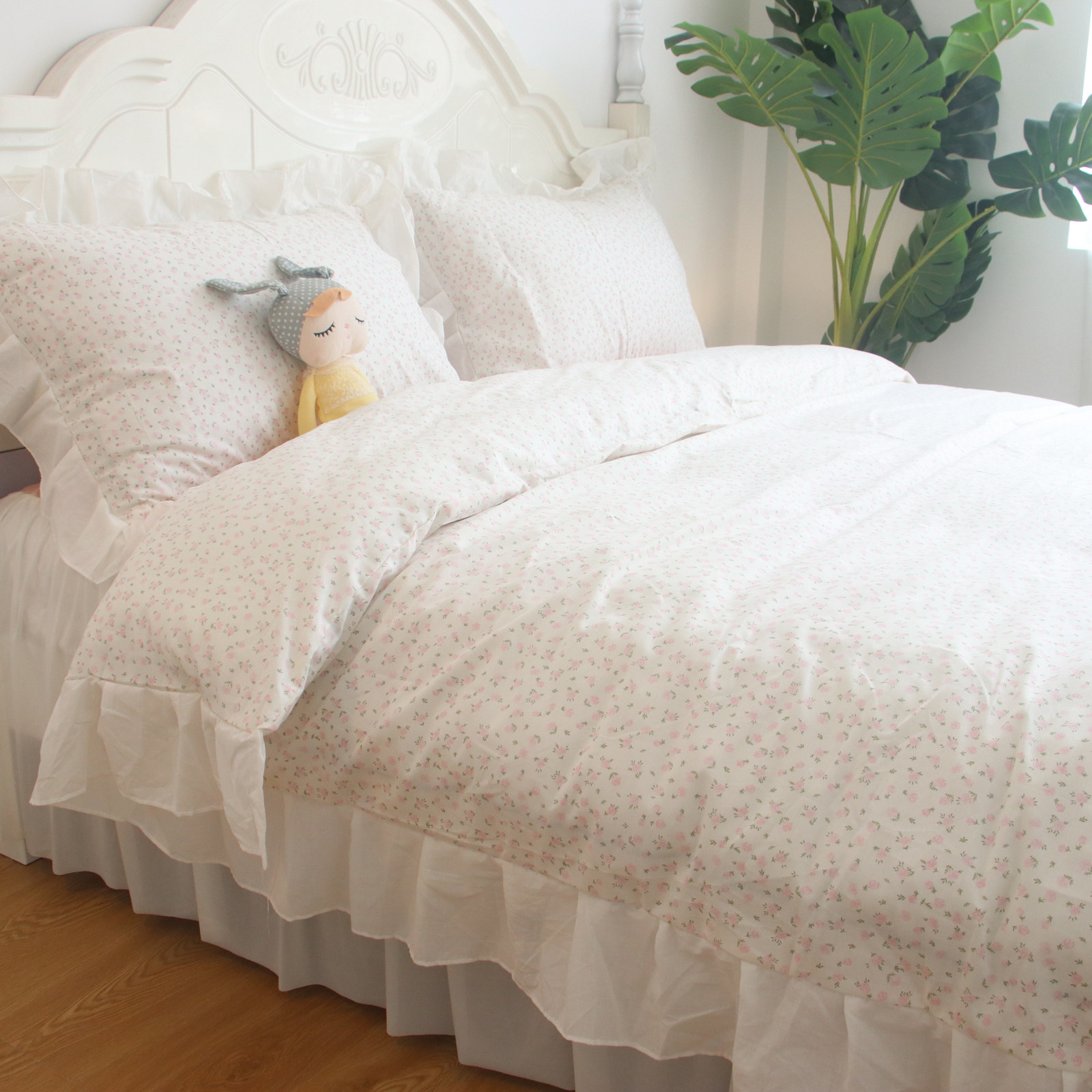 韩版田园风白色花边四件套纯棉花边被套床单床裙款全棉床上用品