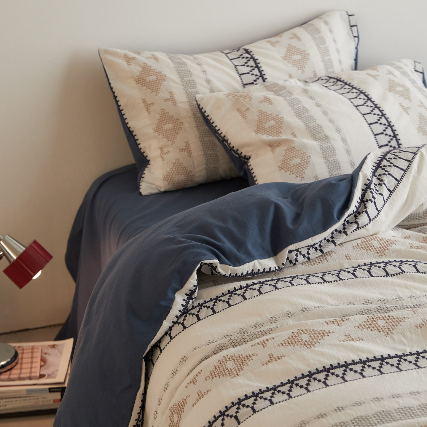 北欧地中海风全棉提花四件套费尔岛几何图案被套活性印花床品套件