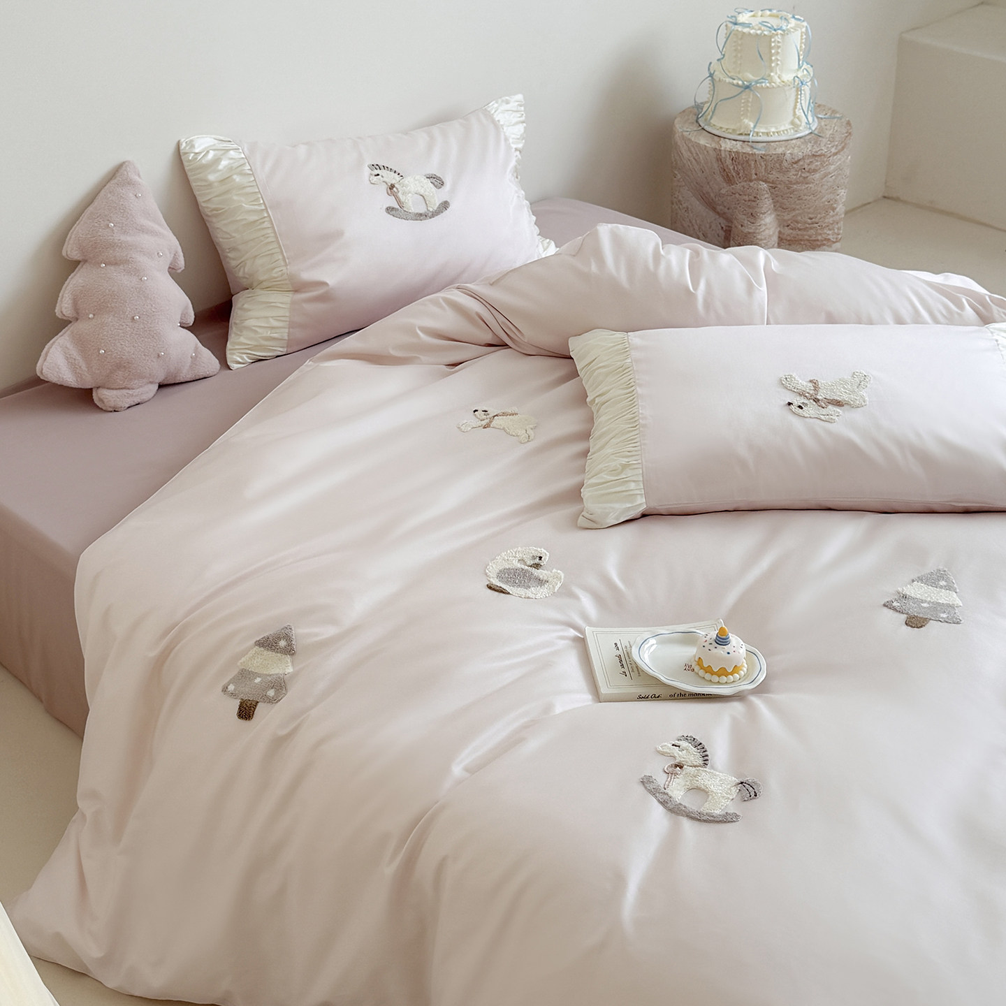 全棉长绒棉卡通刺小木马刺绣四件套粉色床单被套亲肤床品套件1.8,床上用品,床品套件/四件套/多件套,淘宝优惠券,粉丝福利购,淘宝优惠卷