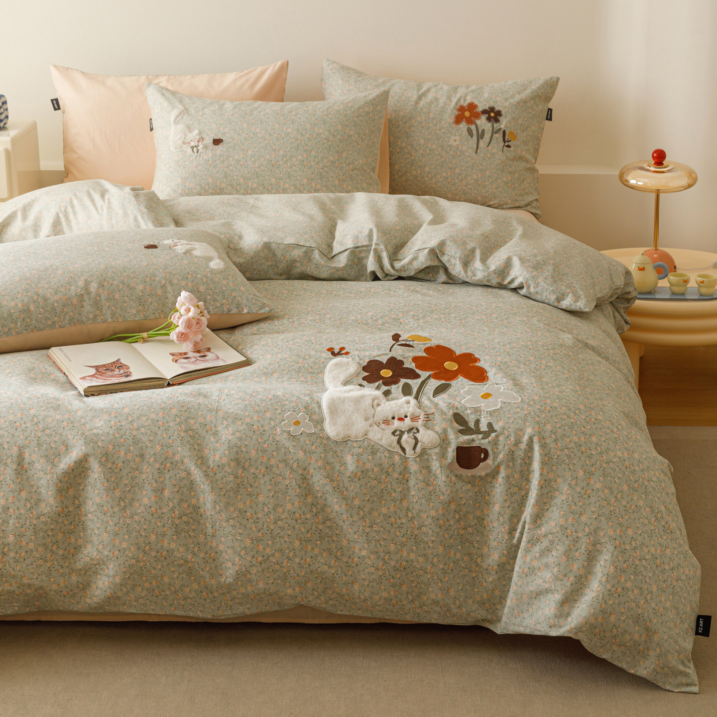 全棉小碎花刺绣小兔卡通四件套可爱风动物图案床品套件床单被套,床上用品,床品套件/四件套/多件套,淘宝优惠券,粉丝福利购,淘宝优惠卷