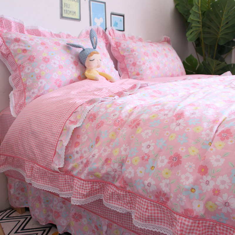 全棉韩式小碎花四件套纯棉粉色床单花边被套小清新公主风床上用品