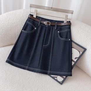 爆款 复古高腰藏青色牛仔半身裙女秋新显瘦a字包臀裙百搭短裙 女装