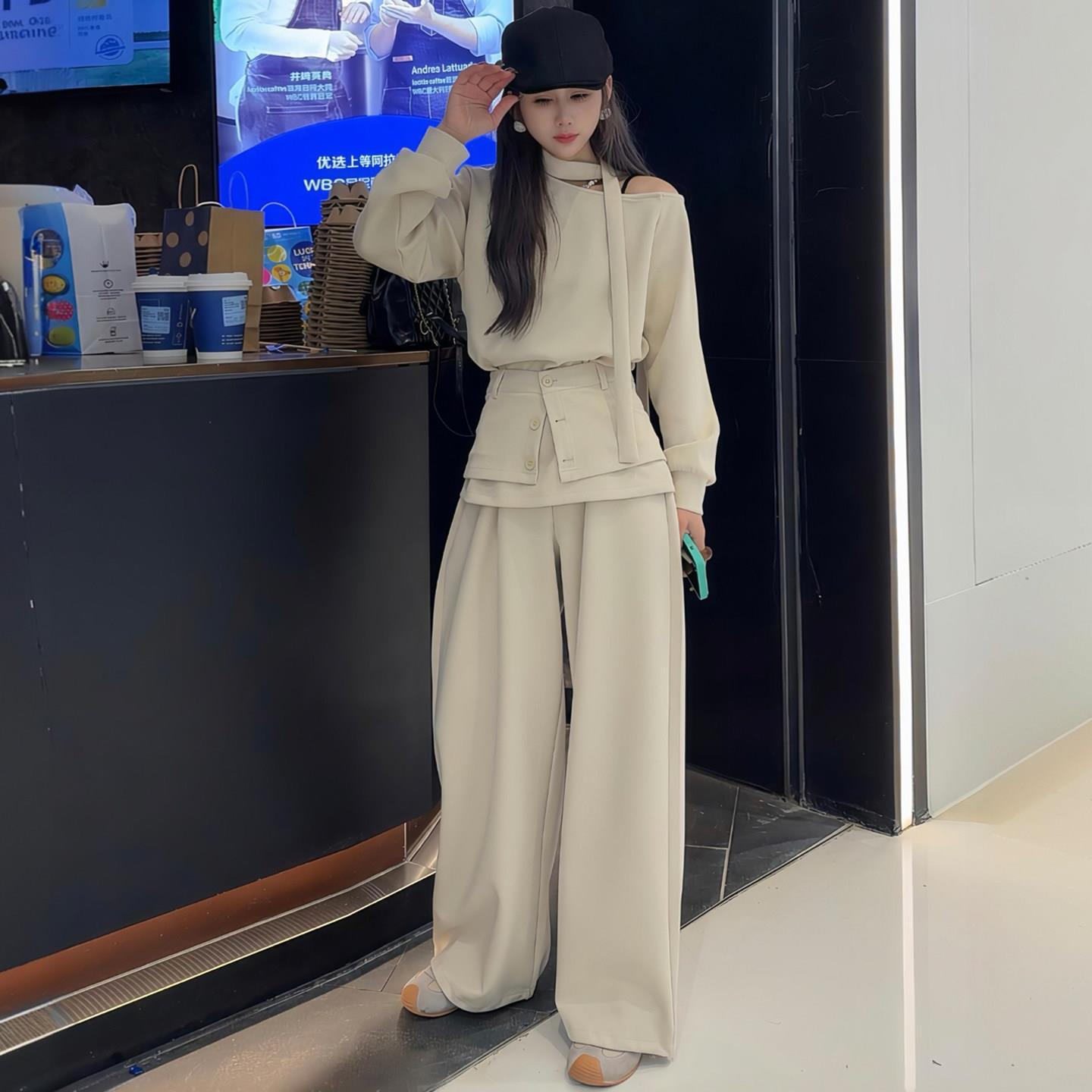 韩版气质时尚套装女士早春新款洋气休闲显瘦卫衣阔腿裤腰封三件套