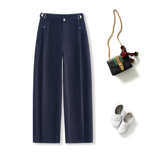 裤 女秋季 2025新款 爆款 窄版 藏青色休闲工装 宽松垂感弯刀裤 子 女装