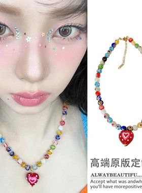 可爱彩色串珠项链红色爱心复古琉璃吊坠锁骨链颈链夏季新款配饰潮