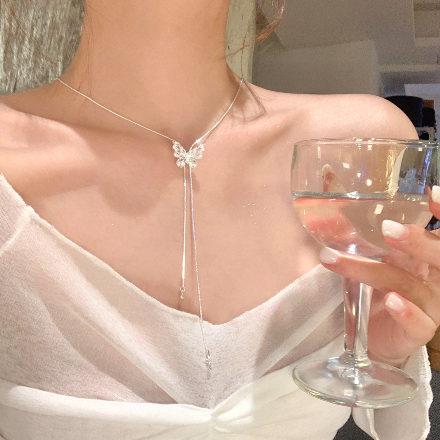 超仙绝美银色蝴蝶流苏抽拉项链女轻奢小众高级感锁骨链配饰颈链