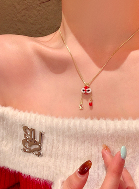 国潮红色滴釉醒狮纳福项链女轻奢小众高级感长款毛衣链本命年配饰