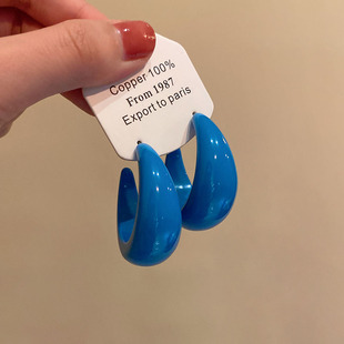 复古港风蓝色C型耳环女2025新款爆款气质时尚耳钉高级感夸张耳饰