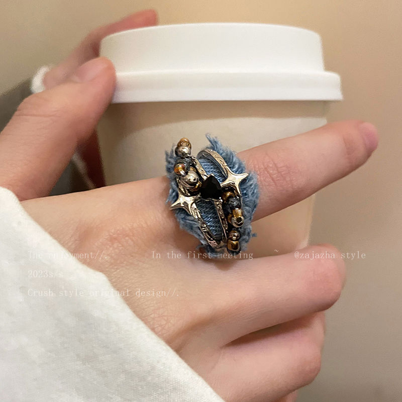 牛仔布艺芒星戒指女秋冬潮酷开口可调节指环时尚个性情侣款食指戒