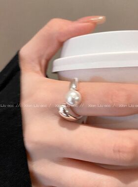 银色珍珠戒指女小众设计感开口戒轻奢高级感简约食指戒个性配饰品