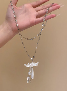 韩系度假风百合花朵珍珠项链女小众设计高级感锁骨链长款百搭配饰