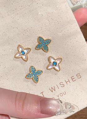 法式湖蓝色四芒星耳钉女复古小众高级感轻奢耳环精致时尚气质耳饰