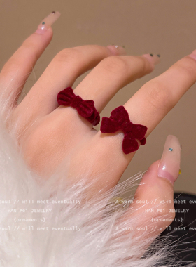 复古红色植绒蝴蝶结戒指女小众设计感甜美可爱闺蜜网红简约食指戒