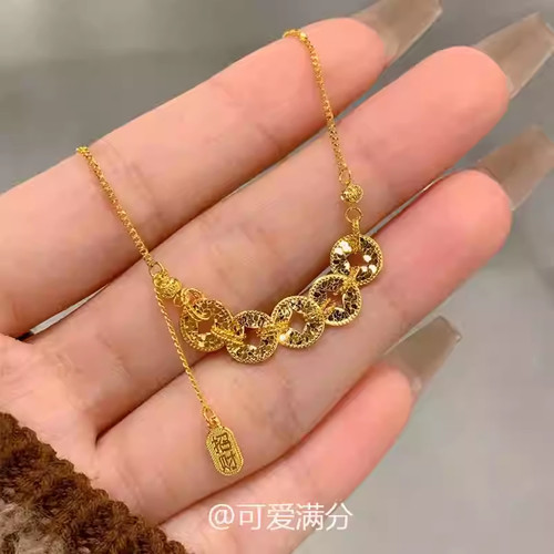「财源滚滚」新中式碎碎冰金色五帝钱项链复古爆闪轻奢高保色手链
