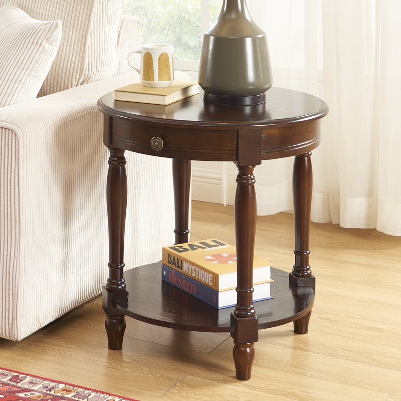 美式沙发圆边几咖啡桌现代简约全实木圆形边几双层小角几客厅