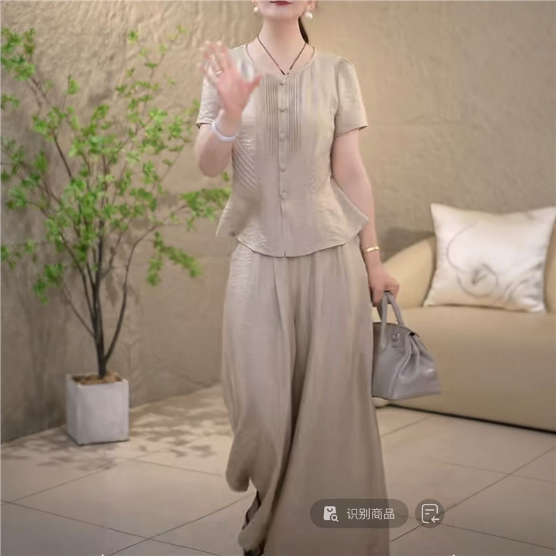 优雅短袖高腰中长款香槟色套装女夏季显瘦气质约会两件套