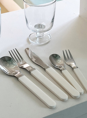 韩国白色树脂手柄不锈钢刀叉餐具迷你餐具饭勺叉子咖啡勺